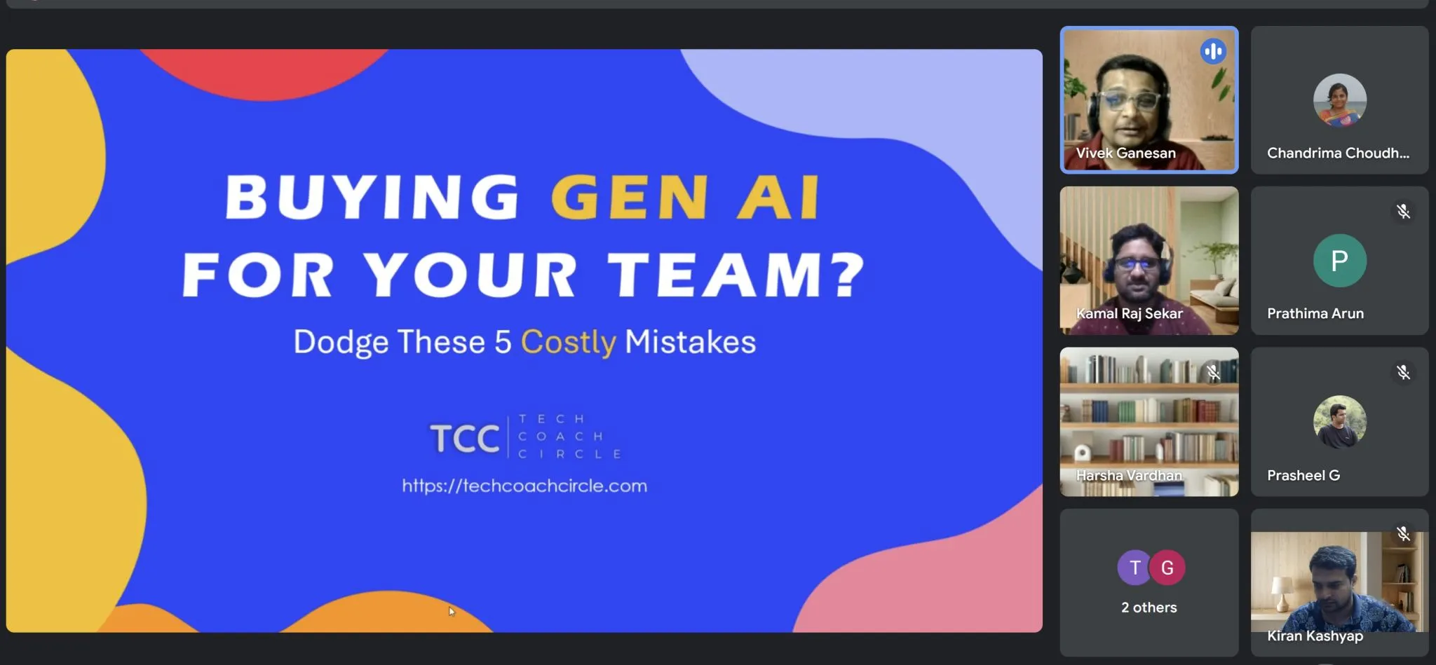 Webinar screen showing the title slide "Buying Gen AI for your team?" with participants