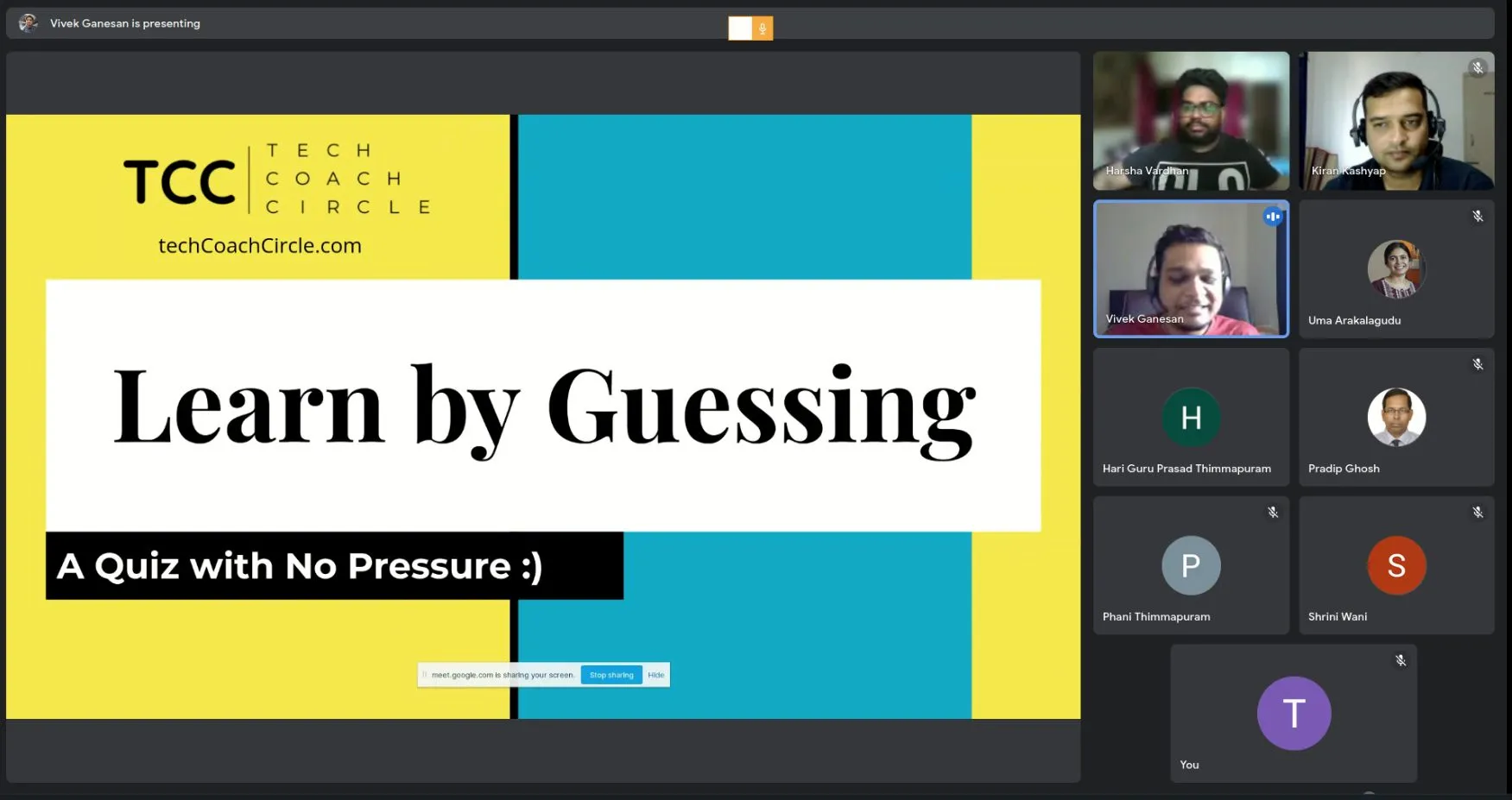 Webinar screen with the "Learn by Guessing" quiz slide and participants